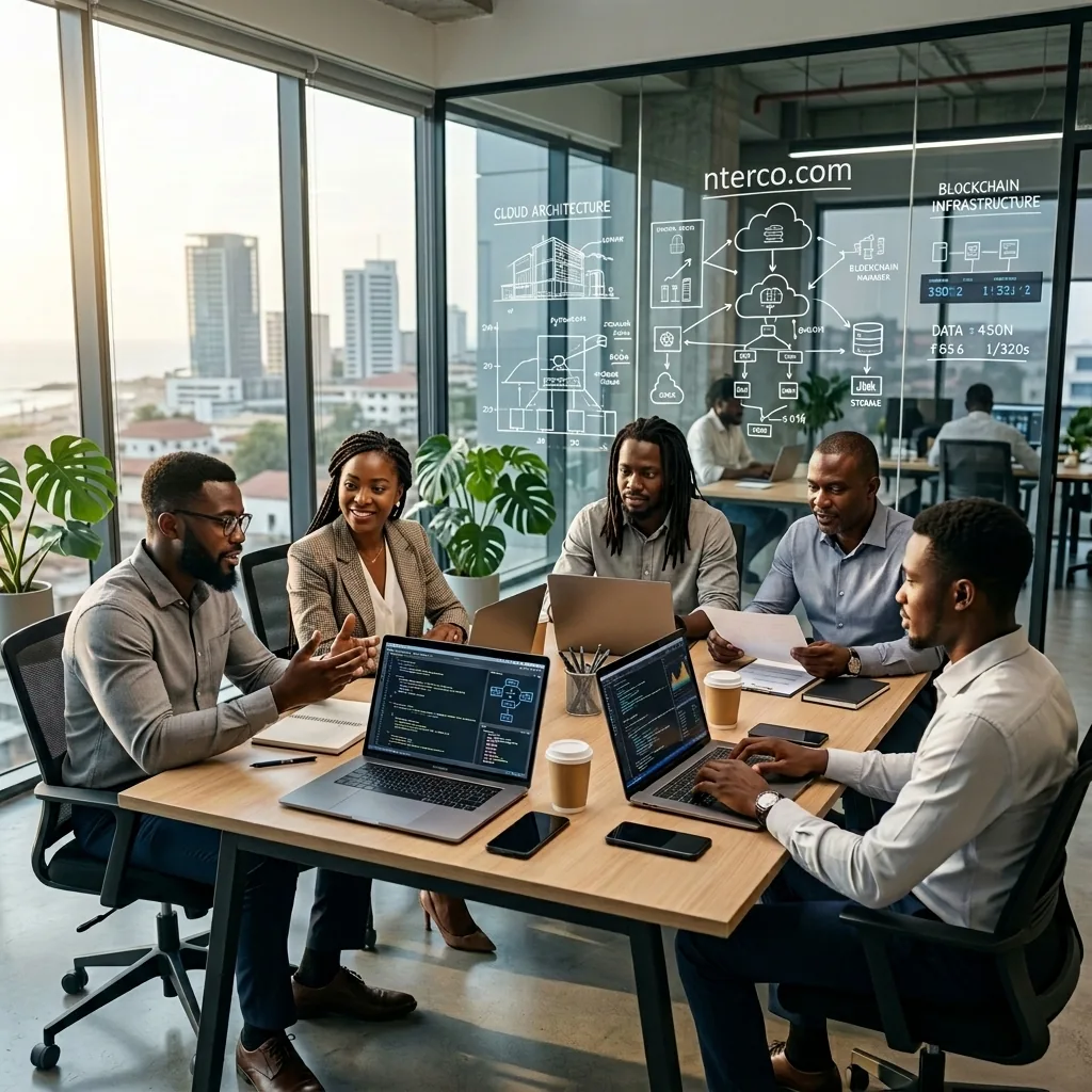 Modern tech workspace with glass walls and professional software developers collaborating over large monitors in a sunlit airy office