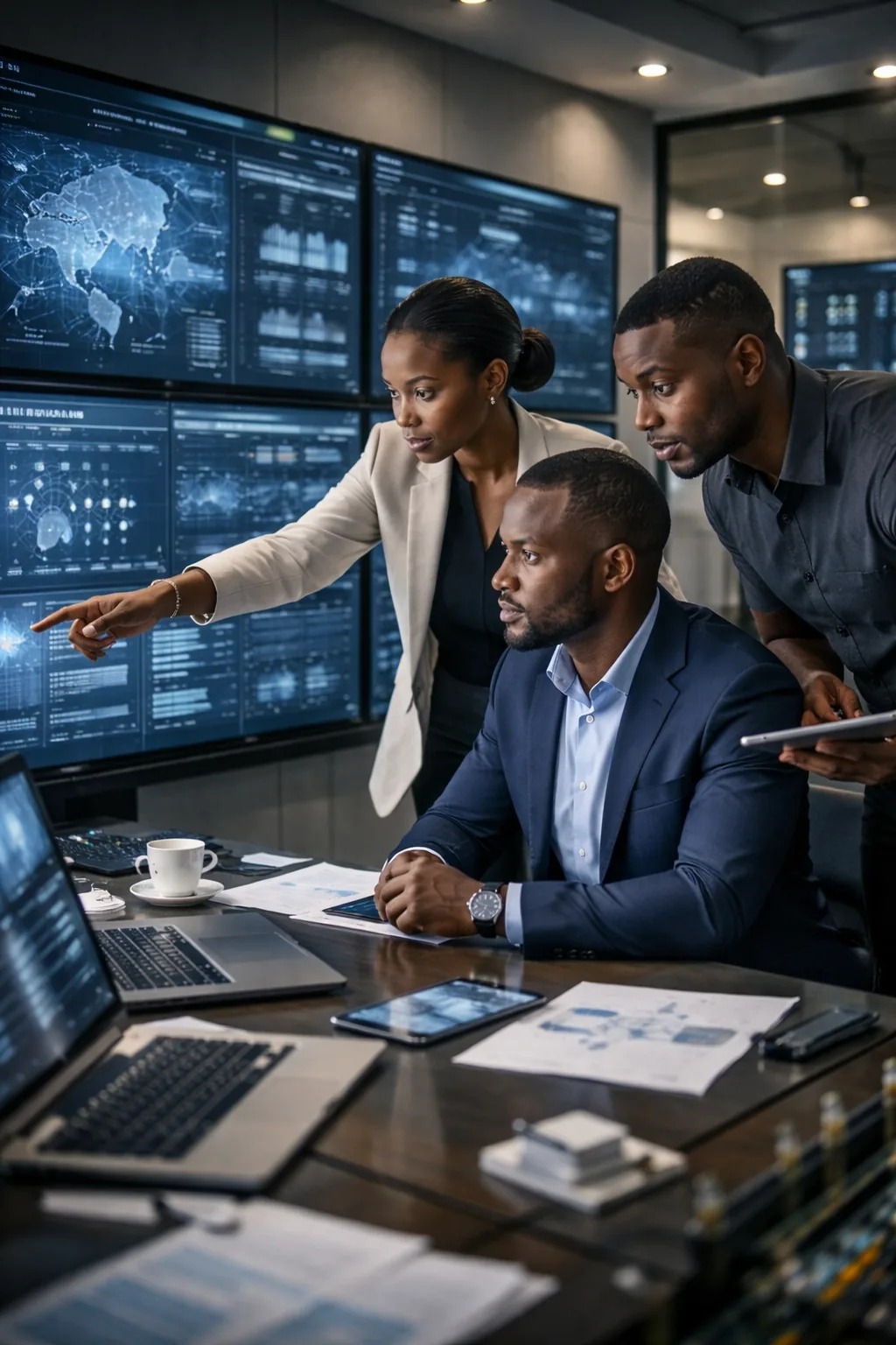 African enterprise team using AI-enabled dashboards and operations systems