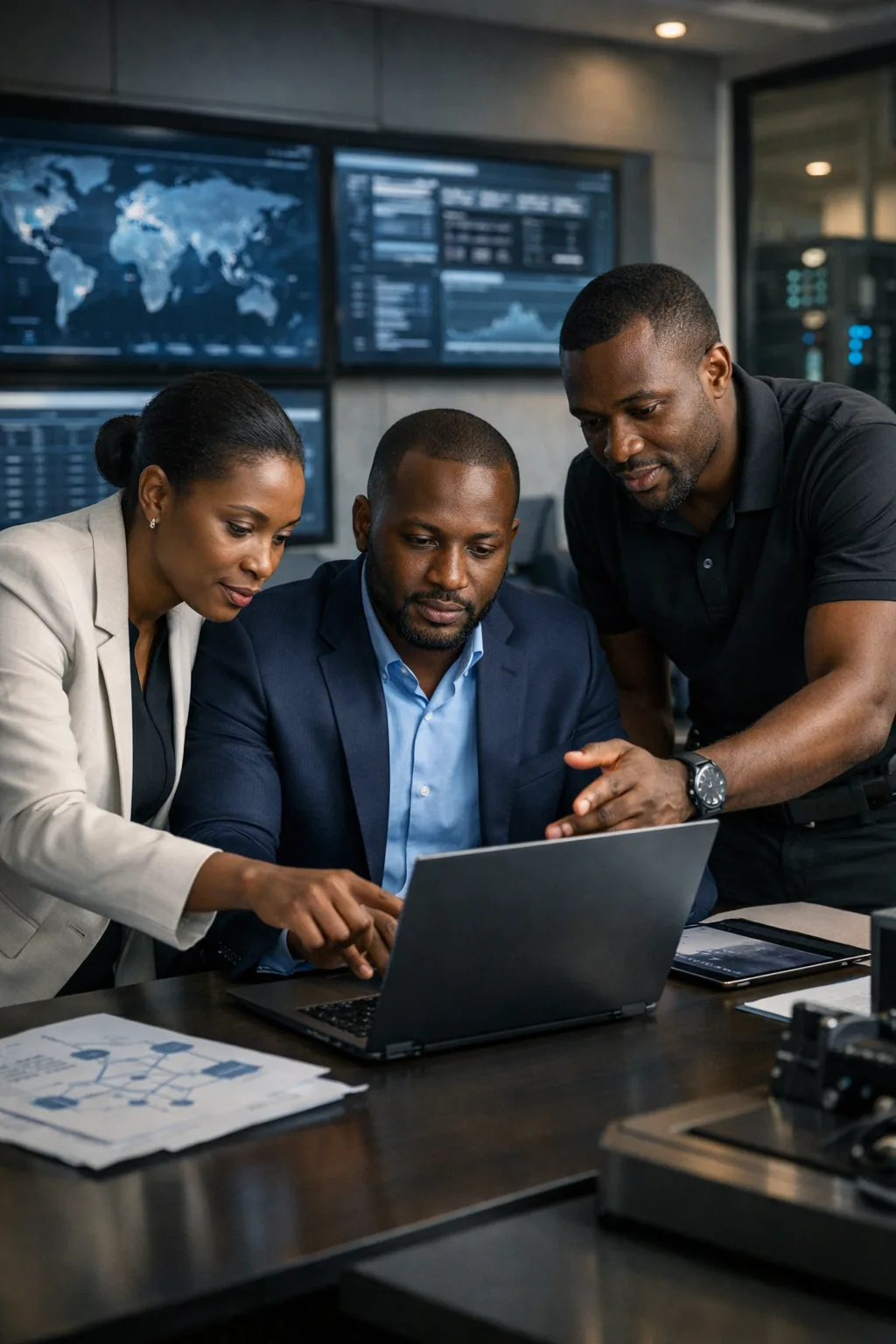 African technology leaders collaborating in a premium enterprise environment